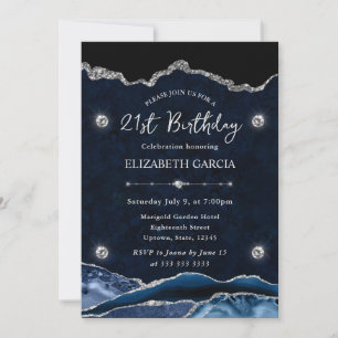Blue and Silver Glitter Agate 21st Birthday Invitation