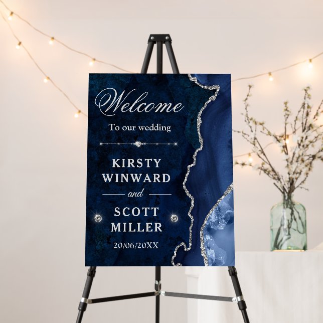 Blue and Silver Glitter Agate and marble Wedding Foam Board (In Situ (Stand))