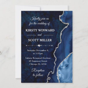 Blue and Silver Glitter Agate and marble Wedding Invitation