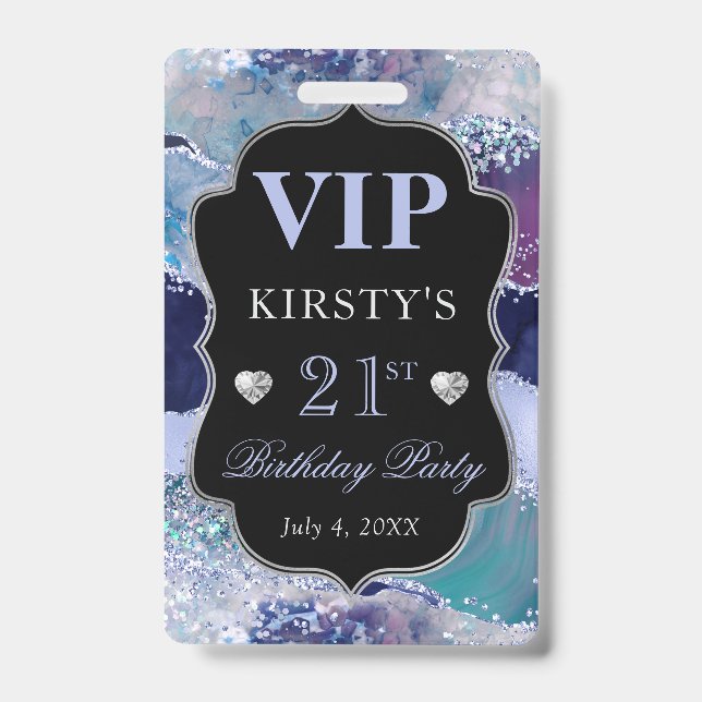 Blue and Silver Glitter Agate Birthday VIP Badge (Front)