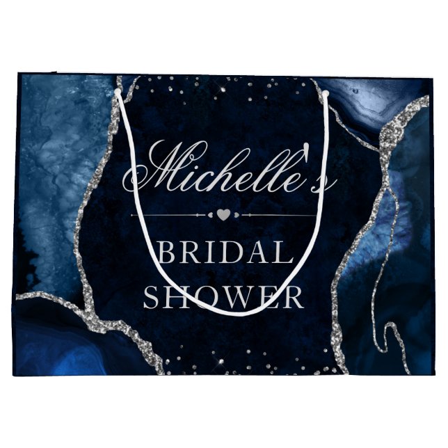 Blue and Silver Glitter Agate Bridal Shower Large Gift Bag (Back)