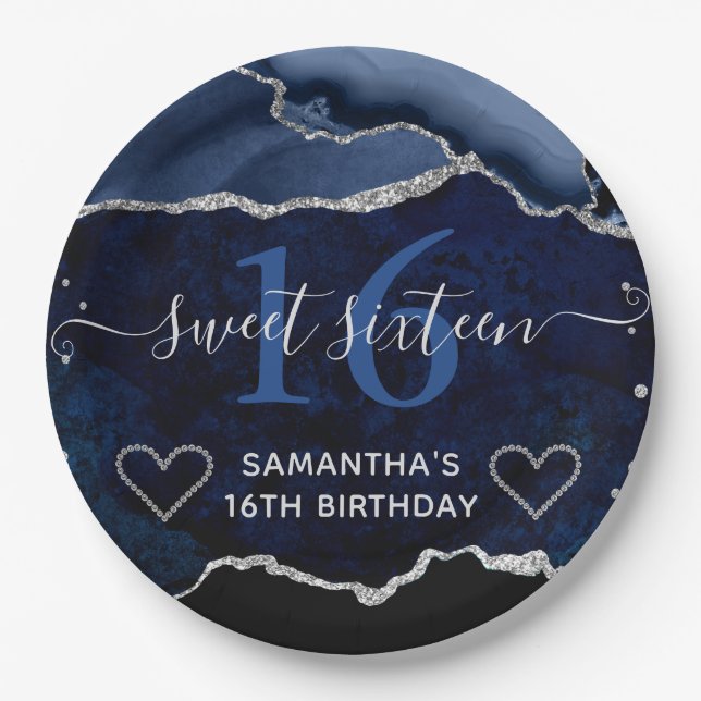 Blue and Silver Glitter Agate Marble Sweet 16 Paper Plates (Front)
