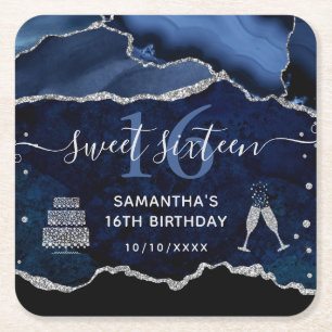Blue and Silver Glitter Agate Marble Sweet 16 Square Paper Coaster