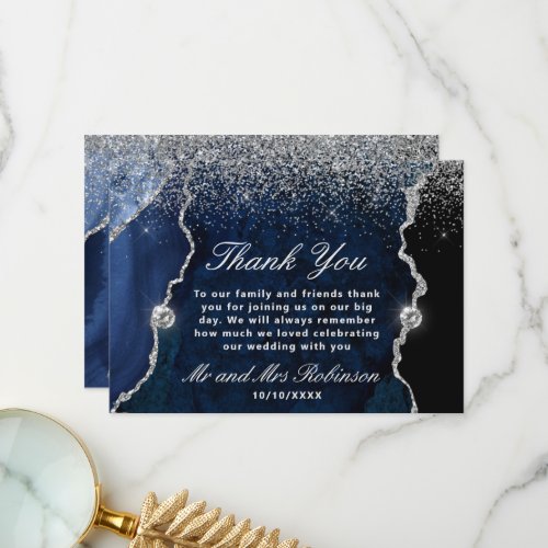 Blue and Silver Glitter Agate Marble Wedding Thank You Card