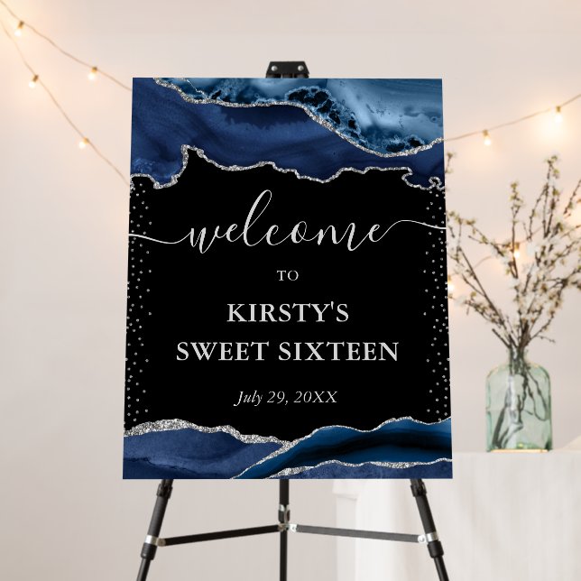 Blue and Silver Glitter Agate Sweet Sixteen Foam Board (In Situ (Stand))