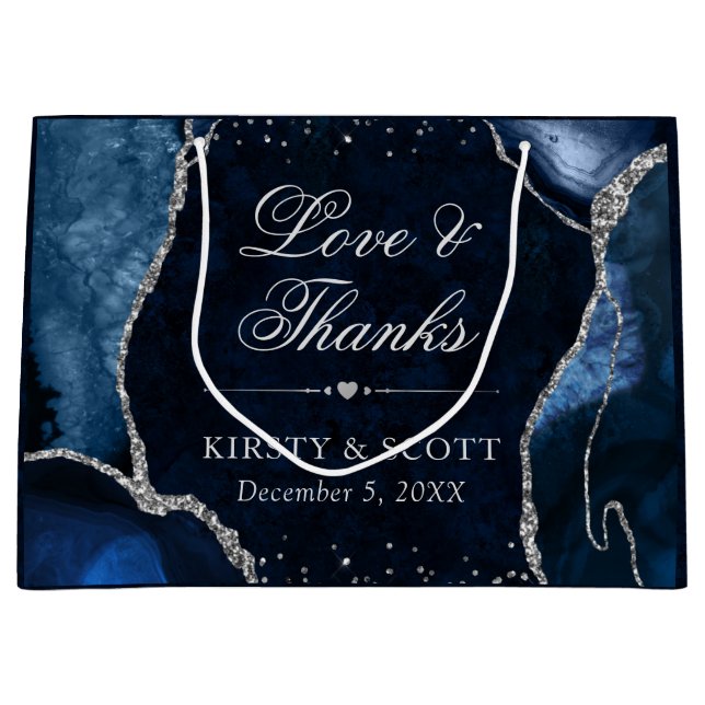 Blue and Silver Glitter Agate Wedding Large Gift Bag (Front)