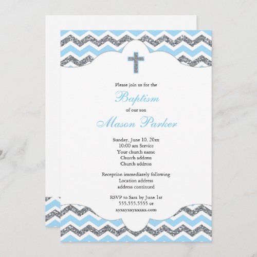 Blue and Silver Glitter Boy Baptism Christening Invitation