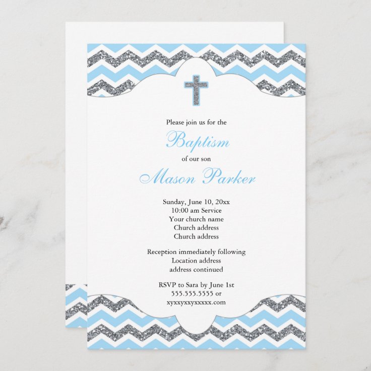 Blue and Silver Glitter Boy Baptism Christening Invitation | Zazzle