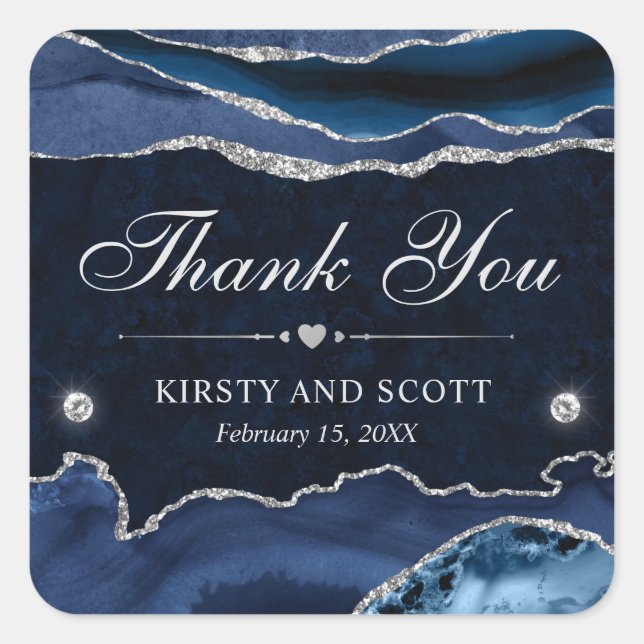 Blue and Silver Glitter Marble Wedding Square Sticker (Front)