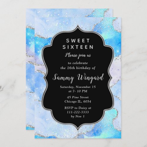 Blue and Silver Glitter Ocean Agate Sweet Sixteen Invitation