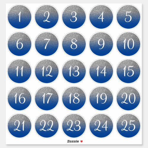 Blue and Silver Glitter Ombre 25 Numbered Circles Sticker