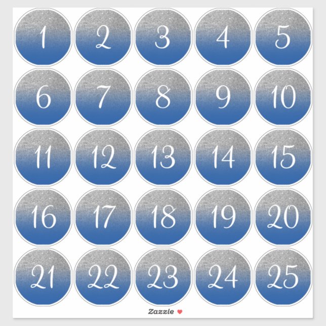 Blue and Silver Glitter Ombre 25 Numbered Circles Sticker (Sheet)