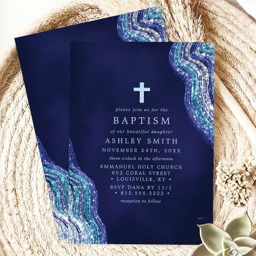 Other Occasions 16 Blue And Silver Glitter Wave Water Baptism Invitation