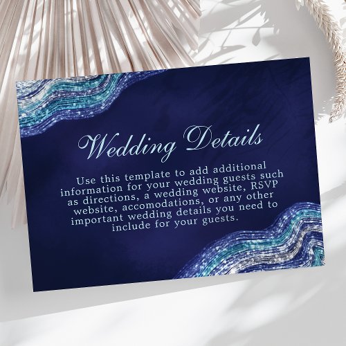 Blue And Silver Glitter Wave Wedding Details Enclosure Card