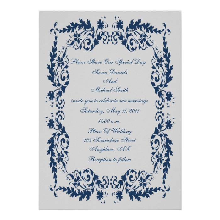 Blue And Silver Gray Floral Wedding Invitation