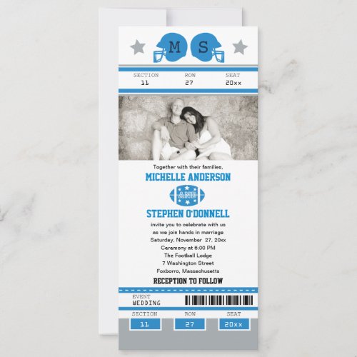 Blue and Silver Gray Green Football Ticket Wedding Invitation