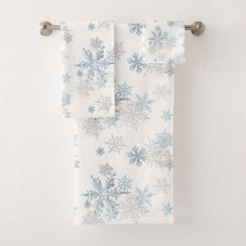 Blue and Silver Gray Winter Wonderland Snowflake Bath Towel Set