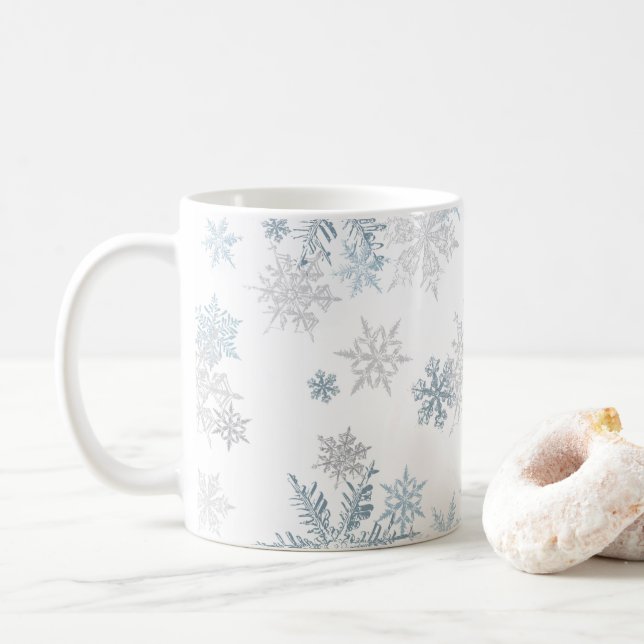 Blue and Silver Gray Winter Wonderland Snowflake Coffee Mug (With Donut)