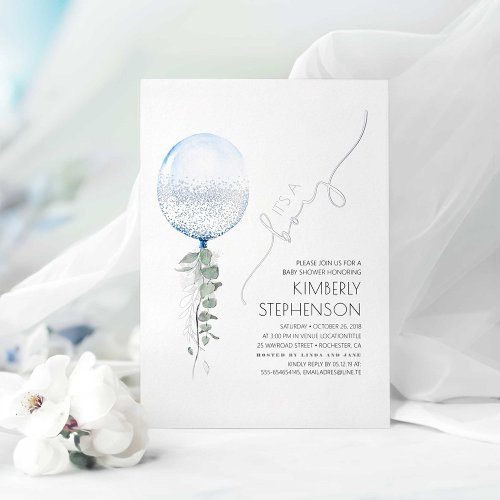 Blue and Silver Greenery Balloon Baby Shower Foil Invitation
