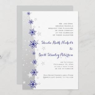 Blue and silver grey snowflake wedding invitation