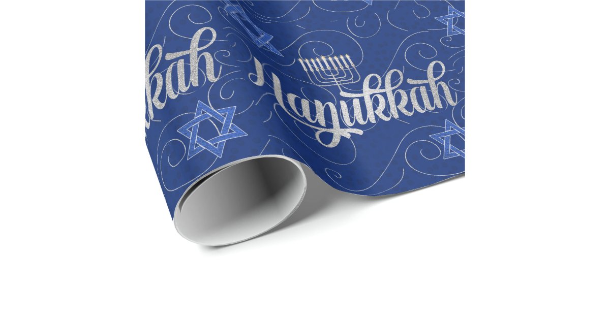 Blue and Silver Hanukkah with Swirls Star of David Wrapping Paper | Zazzle