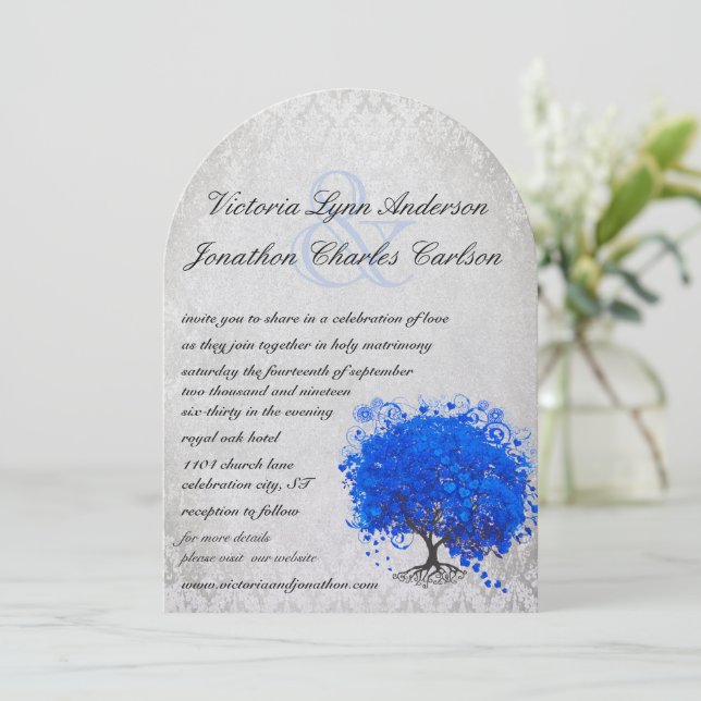 Blue and Silver Heart Leaf Tree Wedding Invitation (Standing Front)
