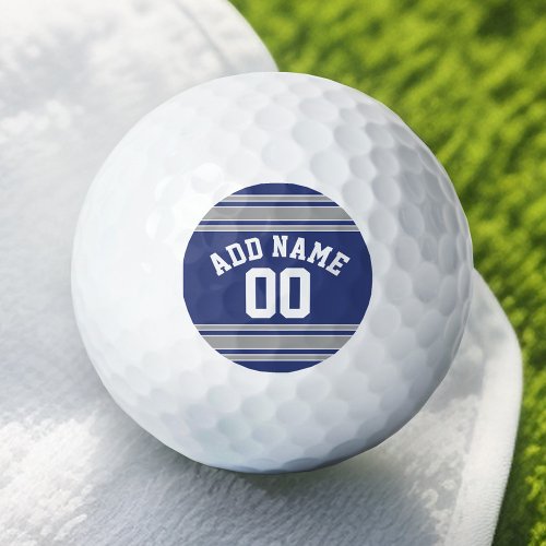 Blue and Silver Jersey Stripes Custom Name Number Golf Balls