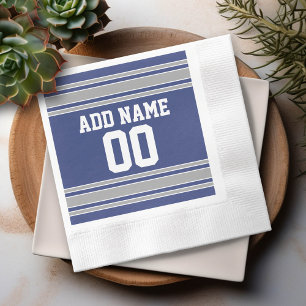 Blue and Silver Jersey Stripes Custom Name Number Paper Napkins