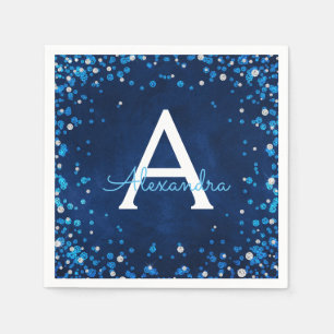Blue and Silver Jeweled Diamond Confetti Monogram Napkins