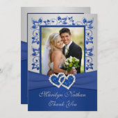 Blue and Silver Joined Hearts Photo Thank You Card (Front/Back)