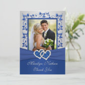 Blue and Silver Joined Hearts Photo Thank You Card (Standing Front)