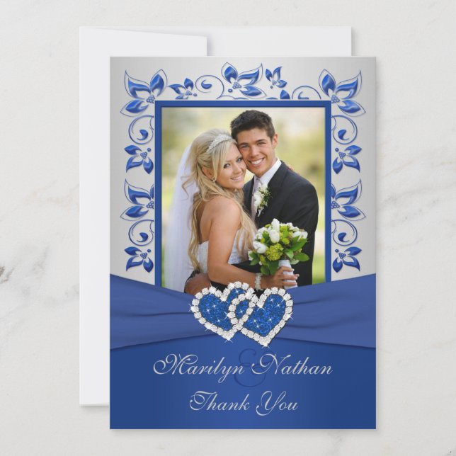 Blue and Silver Joined Hearts Photo Thank You Card (Front)