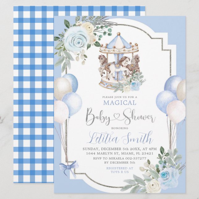 Blue and Silver Magical Carousel Baby Shower Invitation (Front/Back)