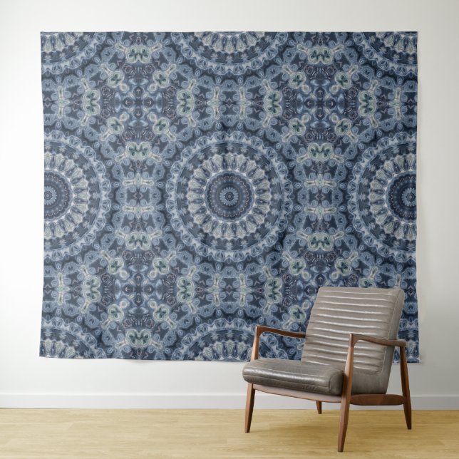 Blue and Silver Mandala Pattern Design Tapestry (In Situ (Horizontal))