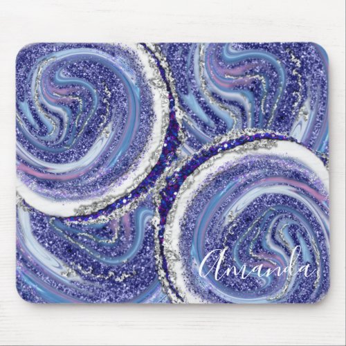 Blue And Silver Marble Abstract Monogram Mouse Pad