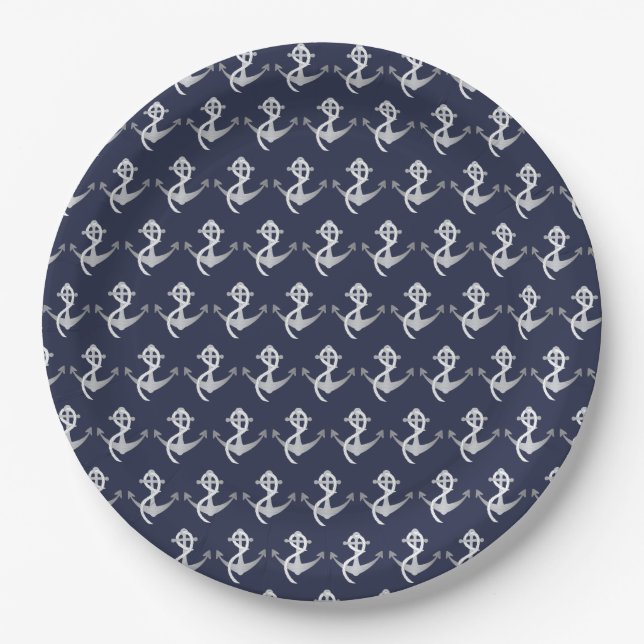Blue and Silver Nautical Sailing Anchor Plates (Front)