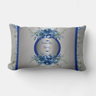 Blue And Silver Petal Symphony Lumbar Pillow