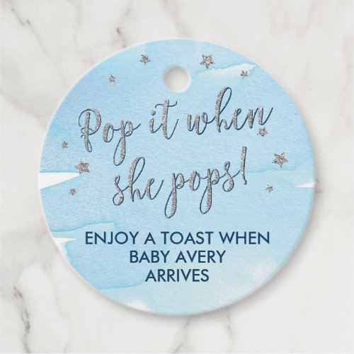 Blue and Silver Pop it when she pops Baby Boy Favor Tags