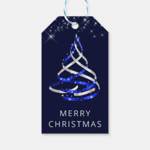 Blue and Silver Ribbon & Glitter Christmas Tree Gift Tags