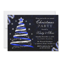 Blue and Silver Ribbon Tree Christmas Party Invitation