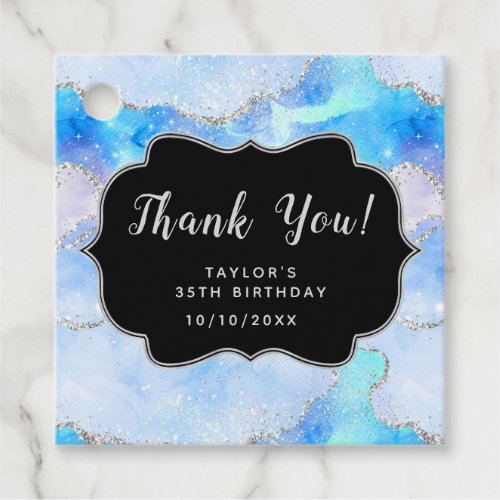 Blue and Silver Sequins Agate Birthday Thank You Favor Tags