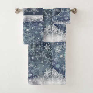 Blue and Silver Snowflake Pattern Holiday Bath Towel Set