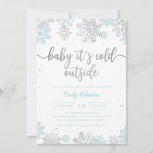 Blue And Silver Snowflake Winter Boy Baby Shower Invitation