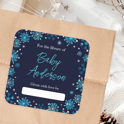 Blue and Silver Snowflakes Baby Shower Bookplate