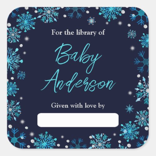 Blue and Silver Snowflakes Baby Shower Bookplate