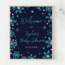 Blue and Silver Snowflakes Baby Shower Welcome Poster