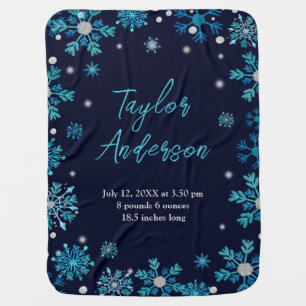 Blue and Silver Snowflakes Birth Stats Baby Blanket