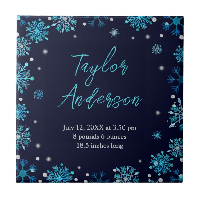 Blue and Silver Snowflakes Birth Stats Ceramic Tile (Front)