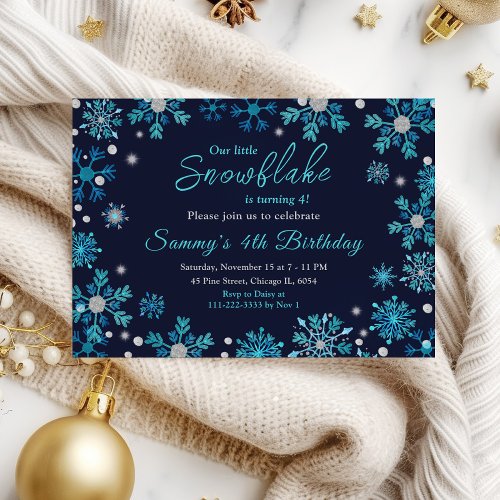 Blue and Silver Snowflakes Birthday Party Invitation