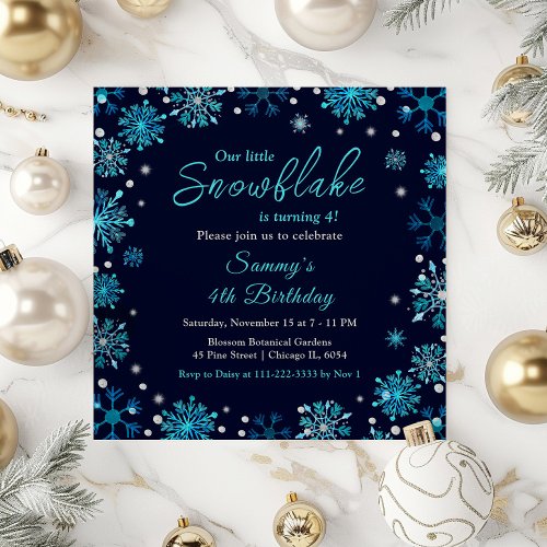 Blue and Silver Snowflakes Birthday Party Invitation